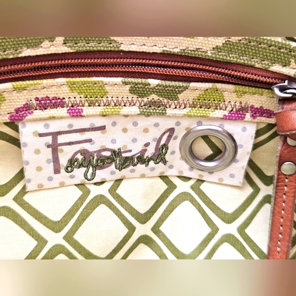 Vintage Fossil Green Canvas & Brown Genuine Leather Crossbody Purse Floral - Picture 14 of 16
